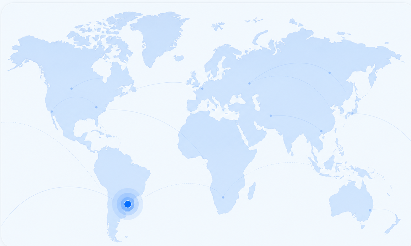 Planisferio con conexiones globales y un marcador azul en Buenos Aires